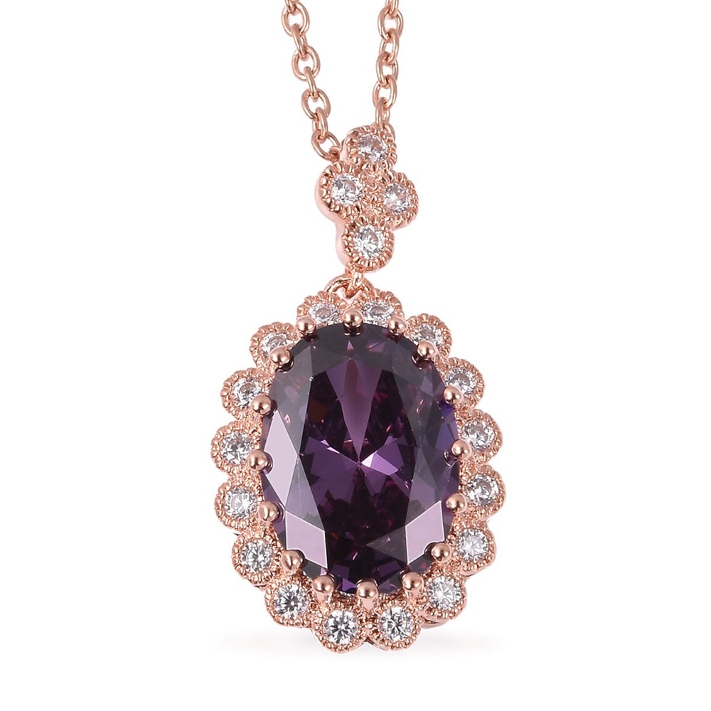 ROSE GOLD STAINLESS STEEL ION PLATED NECKLACE AMETHYST CZ PENDANT